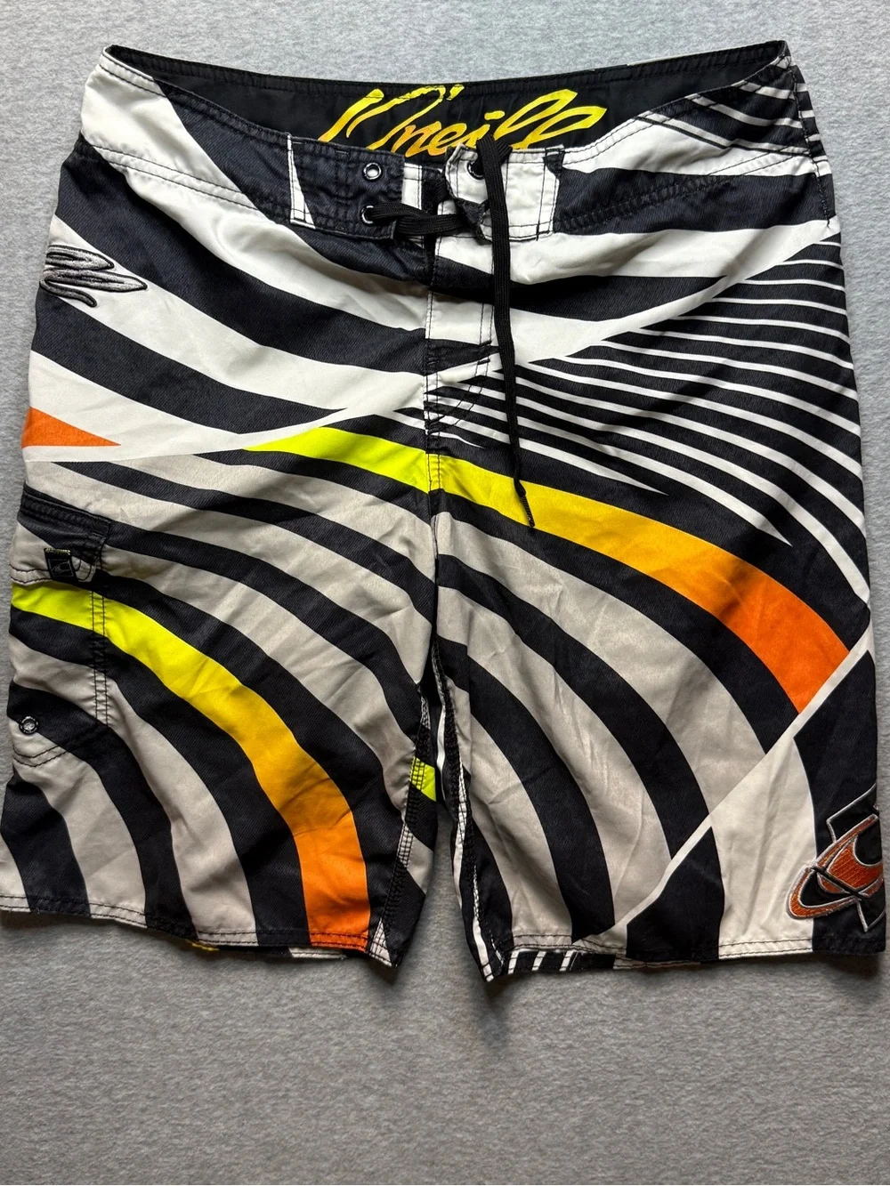 O'Neill Men’s Size 31 Black White Orange Yellow Graphic Board Shorts